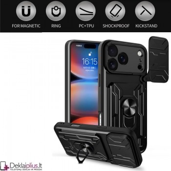 6in1 smūgiams atsparus dėklas su kortelių dėklu - juodas (Apple Iphone 17 Pro Max/18 Pro Max)
